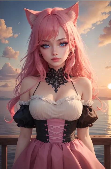 ((high quality, masterpiece:1.4)), 1girl, ((pink hair, blue eyes, cat ears, cute face, blushing, shy look, perfect proportions, upper body)), ((sunset, sky background:1.2, majestic clouds)), best lighting, absurdres, high details, intricate, intricate details, sharp focus, screen space reflextions, RTX, edge lighting, rim light, rimlighting, best lighting