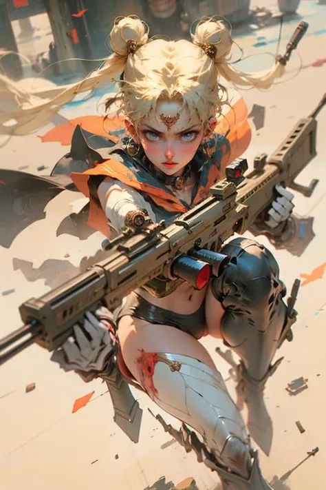 Best quality,masterpiece,ultra high res,(photorealistic:1.4)1girl,white background,solo,blood,arm guards,simple background,male focus,looking at viewer,black eyes,tabi,floating hairfull body,<lora:wuxia:0.8>,orange,,full body,
<lora:meishaonv:0.8>,meishaonv,(gun:1.3),weapon,blue eyes,tsukino usagi,double bun,sailor collar,crescent,rifle,holding weapon,holding,sailor moon,