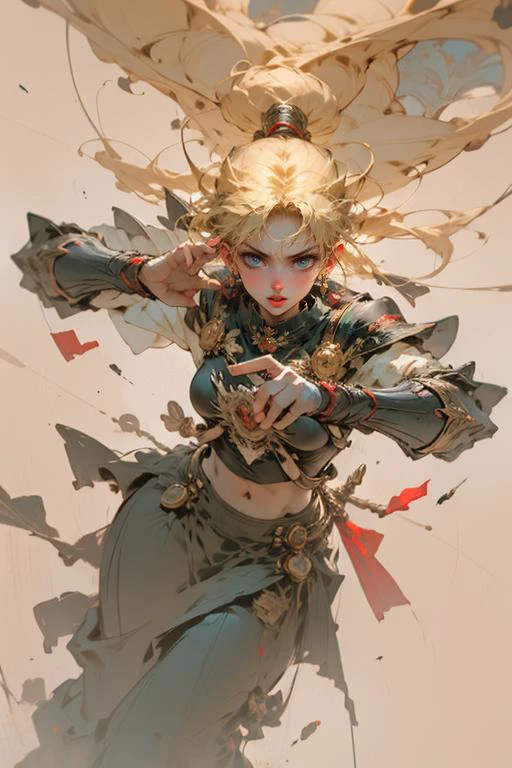 Best quality,masterpiece,ultra high res,(photorealistic:1.4)1girl,white background,solo,blood,arm guards,simple background,male focus,looking at viewer,black eyes,tabi,floating hairfull body,
<lora:meishaonv_0.8+wuxia_0.8:0.8>,(gun:1.3), holding gun, honey blonde,,upper body,pinafore,hands up,