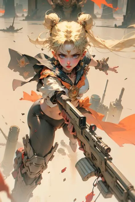 Best quality,masterpiece,ultra high res,(photorealistic:1.4)1girl,white background,solo,blood,arm guards,simple background,male focus,looking at viewer,black eyes,tabi,floating hairfull body,<lora:wuxia:0.8>,orange,,full body,
<lora:meishaonv:0.8>,meishaonv,(gun:1.3),weapon,blue eyes,tsukino usagi,double bun,sailor collar,crescent,rifle,holding weapon,holding,sailor moon,
