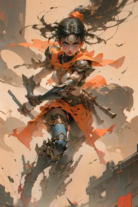 Best quality,masterpiece,ultra high res,(photorealistic:1.4)1girl,white background,solo,blood,arm guards,simple background,male focus,looking at viewer,black eyes,tabi,floating hairfull body,<lora:wuxia:0.8>,orange,,full body,
<lora:meishaonv:0.8>,(gun:1.3),weapon,blue eyes,rifle,holding weapon,holding,
light brown,,upper body,serape,