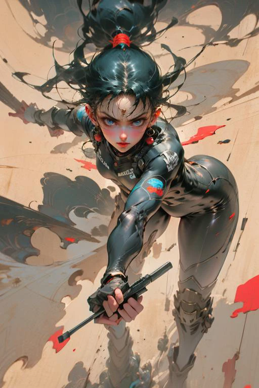 Best quality,masterpiece,ultra high res,(photorealistic:1.4)1girl,white background,solo,blood,arm guards,simple background,male focus,looking at viewer,black eyes,tabi,floating hairfull body,
<lora:meishaonv_0.8+wuxia_0.8:0.8>,(gun:1.3), holding gun, chocolate,,upper body,racing suit,bent over,