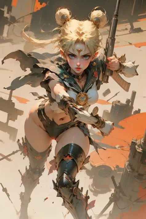Best quality,masterpiece,ultra high res,(photorealistic:1.4)1girl,white background,solo,blood,arm guards,simple background,male focus,looking at viewer,black eyes,tabi,floating hairfull body,<lora:wuxia:0.8>,orange,,full body,
<lora:meishaonv:0.8>,meishaonv,(gun:1.3),weapon,blue eyes,tsukino usagi,double bun,sailor collar,crescent,rifle,holding weapon,holding,sailor moon,