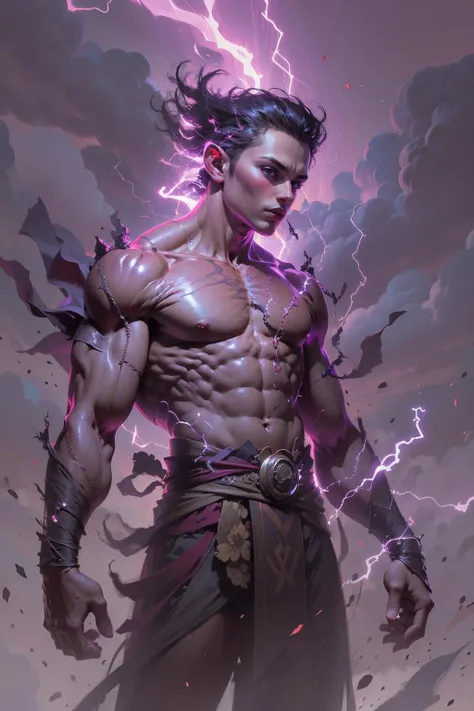 Best quality,masterpiece,ultra high res,,leilinggeng,lightning,,Lots of lightning,drawing,lightning elemental energy towards himself,<lora:leilinggeng:0.8>,headsome boy,(The body is wrapped in lightning:1.3),Exaggerated muscle lines,pink,,upper body,japanese clothes,ojou-sama pose,