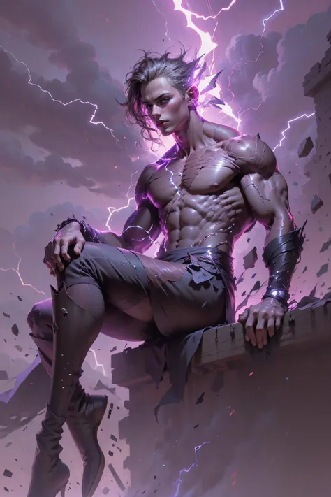 Best quality,masterpiece,ultra high res,,leilinggeng,lightning,,Lots of lightning,drawing,lightning elemental energy towards himself,<lora:leilinggeng:0.8>,headsome boy,(The body is wrapped in lightning:1.3),Exaggerated muscle lines,medium blonde,,upper body,boots,sitting,