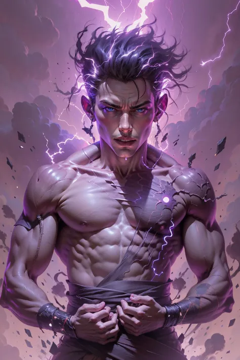Best quality,masterpiece,ultra high res,,leilinggeng,lightning,,Lots of lightning,drawing,lightning elemental energy towards himself,<lora:leilinggeng:0.8>,headsome boy,(The body is wrapped in lightning:1.3),Exaggerated muscle lines,black,,upper body,tankini,bent over,