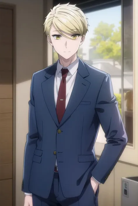 ryouamakusa, <lora:ryou amakusa s1-lora-nochekaiser:1>,
ryou amakusa, short hair, blonde hair, (yellow eyes:1.5), male focus, smile,
BREAK shirt, long sleeves, jacket, white shirt, necktie, pants, formal, blazer, suit, red necktie,
BREAK indoors, office,
BREAK looking at viewer, (cowboy shot:1.5),
BREAK <lyco:GoodHands-beta2:1>, (masterpiece:1.2), best quality, high resolution, unity 8k wallpaper, (illustration:0.8), (beautiful detailed eyes:1.6), extremely detailed face, perfect lighting, extremely detailed CG, (perfect hands, perfect anatomy),