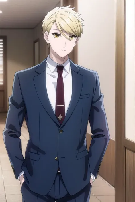 ryouamakusa, <lora:ryou amakusa s1-lora-nochekaiser:1>,
ryou amakusa, short hair, blonde hair, (yellow eyes:1.5), male focus, smile,
BREAK shirt, long sleeves, jacket, white shirt, necktie, pants, formal, blazer, suit, red necktie,
BREAK indoors, office,
BREAK looking at viewer, (cowboy shot:1.5),
BREAK <lyco:GoodHands-beta2:1>, (masterpiece:1.2), best quality, high resolution, unity 8k wallpaper, (illustration:0.8), (beautiful detailed eyes:1.6), extremely detailed face, perfect lighting, extremely detailed CG, (perfect hands, perfect anatomy),