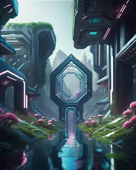 cinematic SCI-FI environment, In a parallel dimension, crystalline gardens bloom within shifting geometric terrains, where reality itself seems to be in flux. , cyber sci-fi , <lora:Sci-fi_Environments_sdxl:0.8> , photorealistic, movie