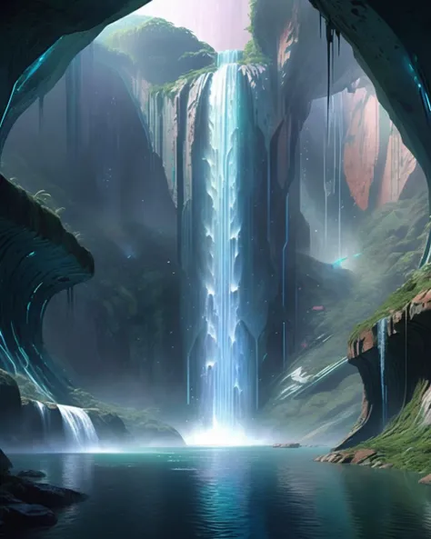 cinematic SCI-FI environment,  Holographic waterfalls cascade down crystalline cliffs within an immense alien biodome, simulating diverse ecosystems. , cyber sci-fi , <lora:Sci-fi_Environments_sdxl:0.8> , photorealistic, movie