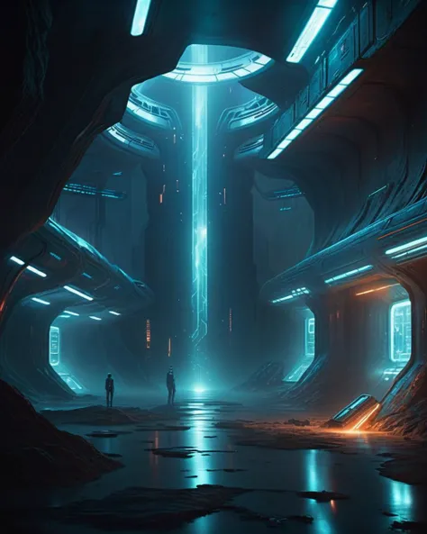 cinematic SCI-FI environment, The ethereal glow of a dimensional rift casts an otherworldly ambiance over a hidden research facility buried deep underground. , cyber sci-fi , <lora:Sci-fi_Environments_sdxl:0.8> , photorealistic, movie