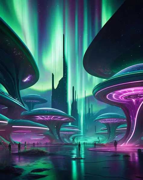 cinematic SCI-FI environment, Aurora borealis-like lights shimmer above an alien plaza, where translucent flora pulse in rhythm to a hypnotic hum. , cyber sci-fi , <lora:Sci-fi_Environments_sdxl:0.8> , photorealistic, movie