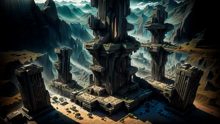 aerial view of an Contemporary Inka tower, complex architecture, desolate ruined state, ethereal and magical, highly detailed stone texture, engraved and ornamented, symmetric, intense focus, <lora:Sci-fi_Enviroments:0.8>, Solarpunk, dramatic cinematic lighting
