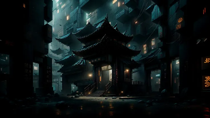 wide angle shot of an Contemporary Chinese temple, complex architecture, in perfect condition, ethereal and magical, highly detailed stone texture, engraved and ornamented, symmetric, intense focus, <lora:Sci-fi_Enviroments:0.8>, Cyberpunk, dramatic cinematic lighting