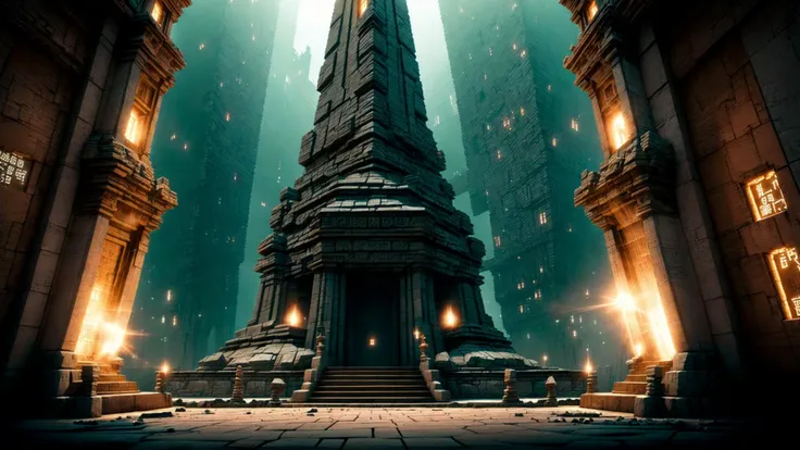 aerial view of an Ancient Oriental spire, complex architecture, in perfect condition, ethereal and magical, highly detailed stone texture, engraved and ornamented, symmetric, intense focus, <lora:Sci-fi_Enviroments:0.8>, Cyberpunk, dramatic cinematic lighting