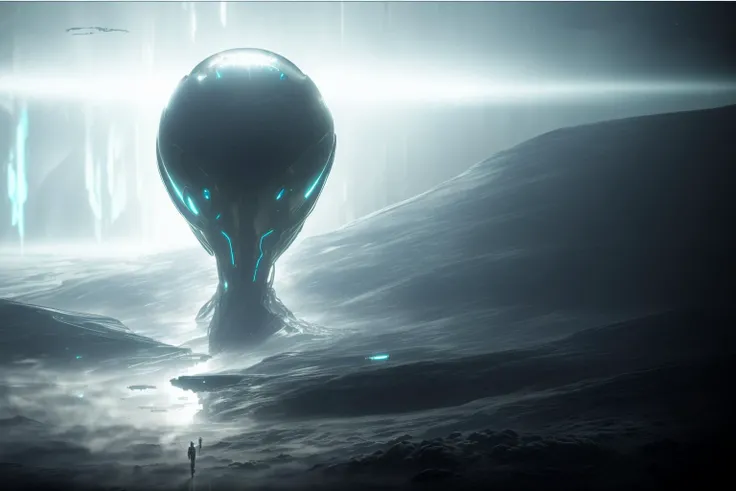 a giant alien head floating in the water , futuristic, 8k, cinematic