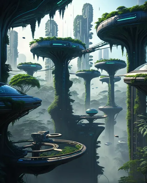 cinematic SCI-FI environment, Levitating platforms traverse a dense jungle canopy city, where treetop dwellings blend seamlessly with biotech architecture. , cyber sci-fi , <lora:Sci-fi_Environments_sdxl:0.8> , photorealistic, movie