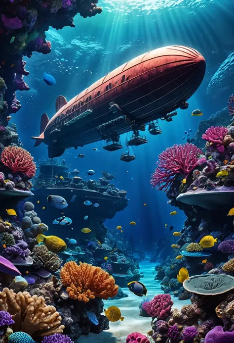 enhanced contrast, highly detailed UHD photo of a dark underwater science-fiction scene, colorful coral reef, a zeppelin is diving to a deep ocean trench