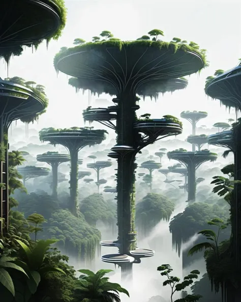 Levitating platforms traverse a dense jungle canopy city, where treetop dwellings blend seamlessly with biotech architecture.<lora:Sci-fi_Environments_sdxl:1.0>