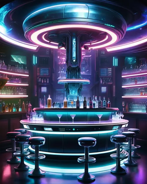 cinematic SCI-FI environment,  Robotic bartenders serve patrons in a bar with levitating seats, while holographic bands play music that resonates through the cosmos. , cyber sci-fi , <lora:Sci-fi_Environments_sdxl:0.8> , photorealistic, movie