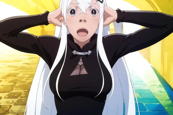 (masterpiece:1.2, best quality), 1 girl, solo, <lora:Echidna:0.6>, echidna, black dress, large breasts, sidelocks, white long hair, hair ornament, long sleeves, pale skin, <lora:mahonest-01:1>,  hands on head, myhonest reaction, extreme wide shot,