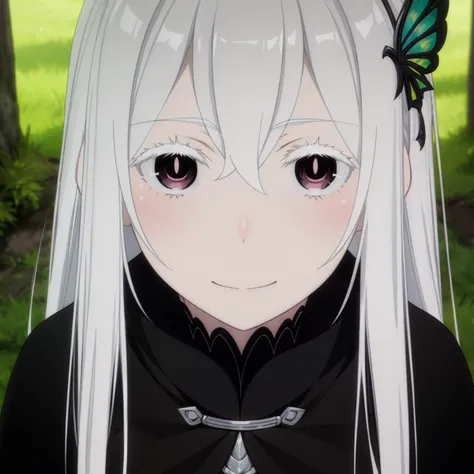 (masterpiece:1.2, best quality), (finely detailed beautiful eyes:1.2), (beautiful detailed face), colorful, hyper detail, intricate details, wallpaper, 1 girl, solo, <lora:Echidna:0.6>, echidna, black dress, (detailed fantasy outdoors background), large breasts, looking at viewer, smiling, sidelocks, white long hair, hair ornament, <lora:more_details:0.6>, [navel], upper body, long sleeves, hands on hips, <lora:detailed_eye:0.4>, pale skin, blush,