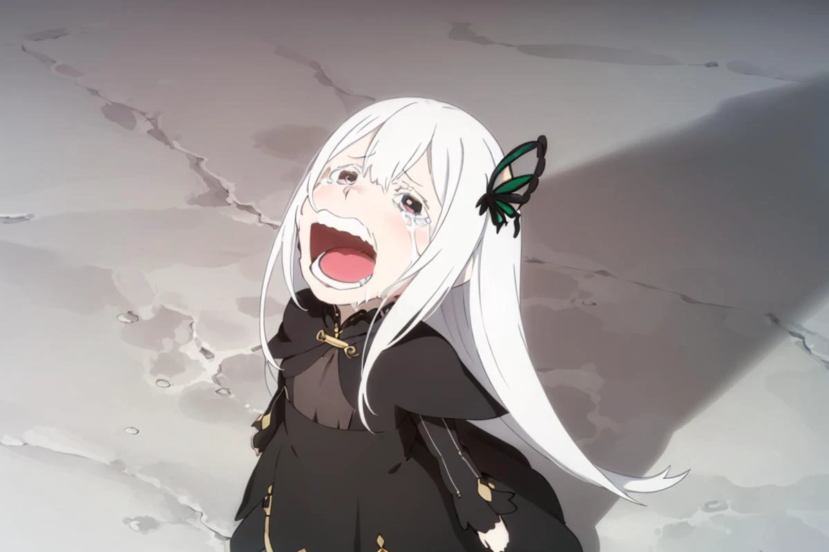 (masterpiece:1.2, best quality), 1 girl, solo, <lora:Echidna:0.5>, echidna, black dress, sidelocks, white long hair, hair ornament, long sleeves, pale skin, black high heels, legs, <lora:Chopper:0.7>, Chopper, looking up, child, meme, female child, crying, tears, open mouth, screaming,
