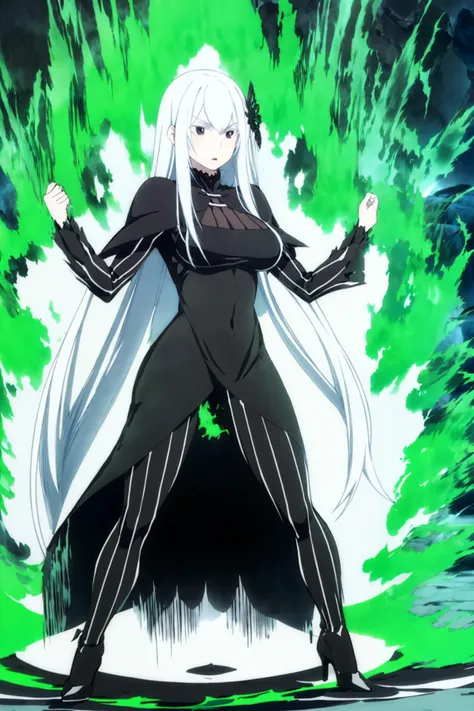 (masterpiece:1.2, best quality), 1 girl, solo, <lora:Echidna:0.7>, echidna, black dress, large breasts, sidelocks, white long hair, hair ornament, long sleeves, pale skin, black high heels, legs, <lora:DBKiCharge:1>, Ki Charge, aura, fighting stance, green aura, full body, <lora:more_details:0.6>,