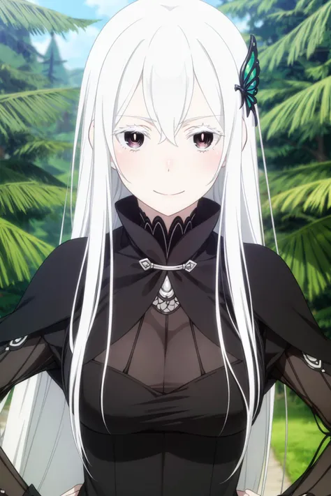(masterpiece:1.2, best quality), (finely detailed beautiful eyes:1.2), (beautiful detailed face), colorful, hyper detail, intricate details, wallpaper, 1 girl, solo, <lora:Echidna:0.6>, echidna, black dress, (detailed fantasy outdoors background), large breasts, looking at viewer, smiling, sidelocks, white long hair, hair ornament, <lora:more_details:0.6>, [navel], upper body, long sleeves, hands on hips, <lora:detailed_eye:0.4>, pale skin, blush,