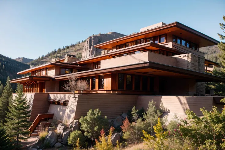 Raw photo of a frank lloyd wright style house, in colorado, mountains in the background, forests <lora:Frank_Lloyd_Wright_Style_Architecture:1>