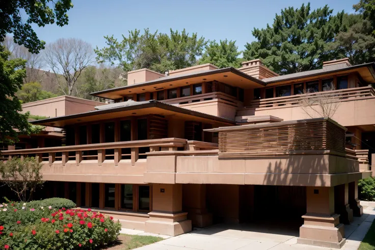 Raw photo of a frank lloyd wright style house in the city, surrounded by skyscrapers,gardens, trees, large windows <lora:Frank_Lloyd_Wright_Style_Architecture:1>