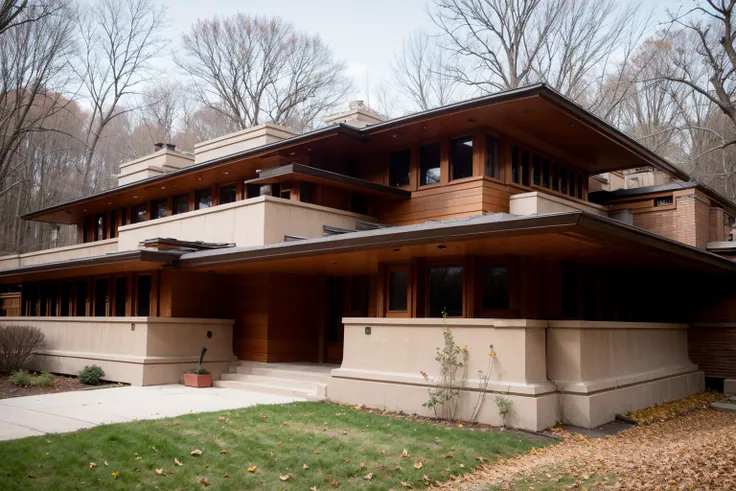 Raw photo of a frank lloyd wright style house, in the prairie, wisconsin, sandstone, limestone  <lora:Frank_Lloyd_Wright_Style_Architecture:1>