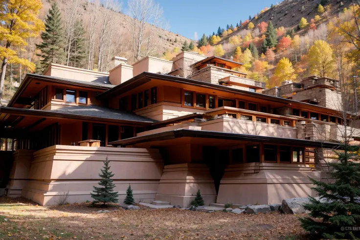 Raw photo of a frank lloyd wright style house, in colorado, mountains in the background, forests <lora:Frank_Lloyd_Wright_Style_Architecture:1>