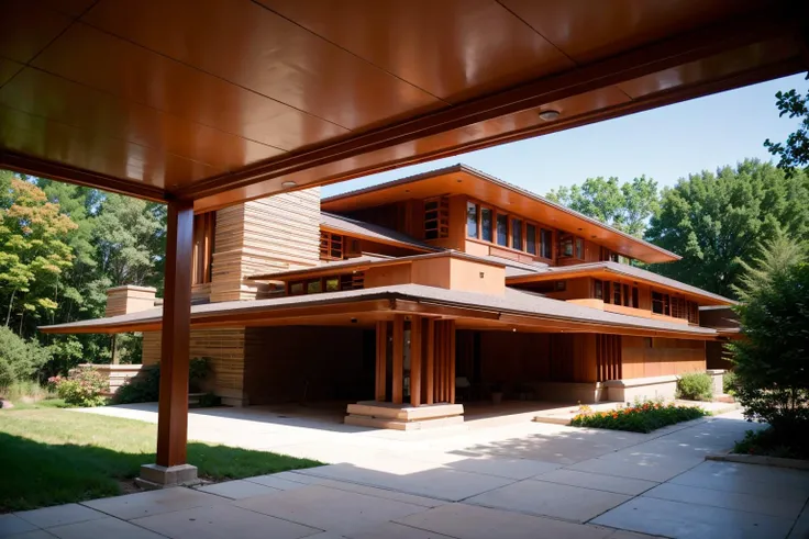 Raw photo of a frank lloyd wright style house, in the prairie, wisconsin, sandstone, limestone <lora:Frank_Lloyd_Wright_Style_Architecture:1>