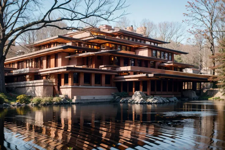 Raw photo of an urban frank lloyd wright style house in the city, surrounded by skyscrapers,a pond <lora:Frank_Lloyd_Wright_Style_Architecture:1.5>