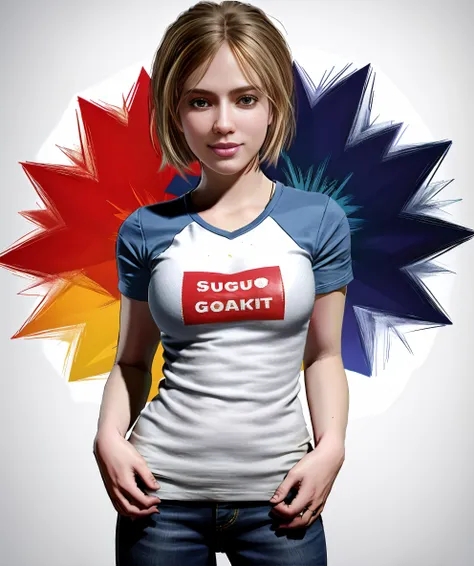 anya_stroud, natural color, standing, looking to viewer, outfit-UT, T-shirt, smile, <lora:Anya_Stroud:0.85> <lora:outfit-UT:0.9>