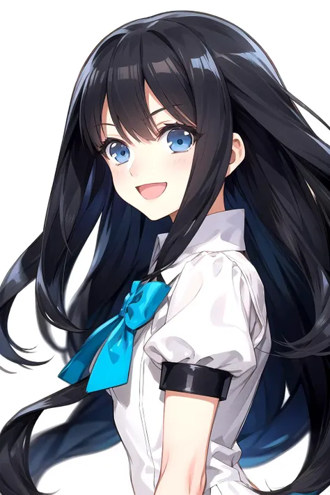 <lora:NishiharaIsao-step00002500:1> 1girl, solo, black hair, simple background, white background, blue eyes, smile, :d, flat color, black shirt, white dress, open mouth, muted color, from side