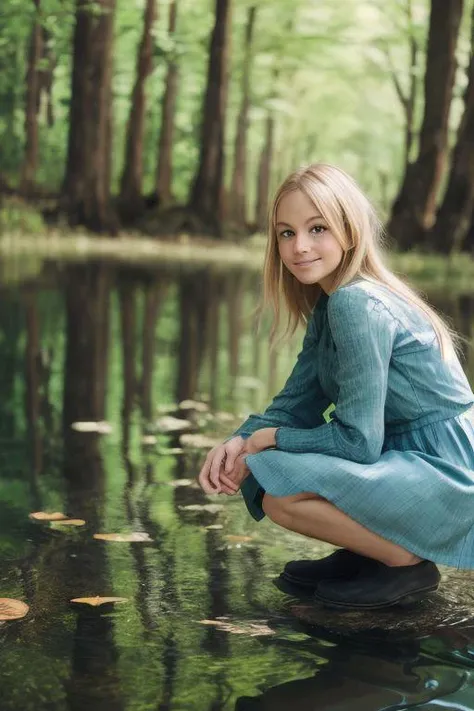 Realistic Photo of a blonde woman in forest at a marvelous lake with reflecting water, the woman is zoomed, beautiful face, high detailed skin, high detailed face, realistic pupils, realistic eyes, high detailed eyes, fully covered breats, realistic iris, gorgeous,large fully covered breasts, wearing beautiful modest dark green dress, long covering dress, legs fully covered, 8k UHD, soft lighting, high quality, film grain, Facing forward, facing viewer