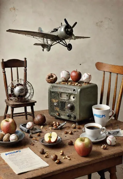 a still-life composition with a chaotic arrangement of items on a table and chair. Include a broken model of a World War I airplane, aged baseballs, an empty birdcage, a vintage Philips radio, a wrinkled apple, a coffee cup, and scattered nuts. Let the diverse objects tell a story of time and memories, creating a captivating tableau that merges history, leisure, and nature