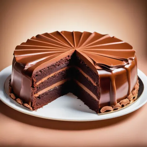 a realistic photo of exquisite chocolate cake, famous bakery, decadent, (dutch angle:0.93)