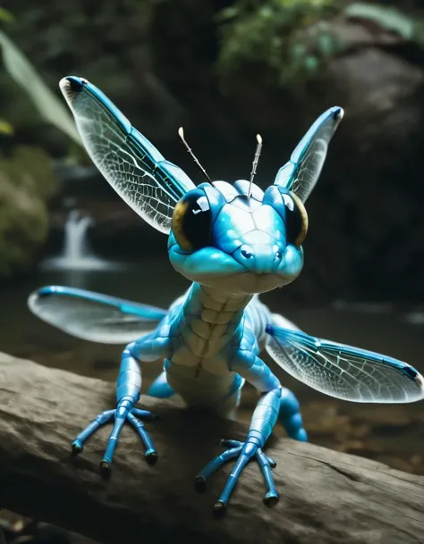cinematic LUT, realistic photo of a humanoid dragonfly Dratini hybrid, anthro creature