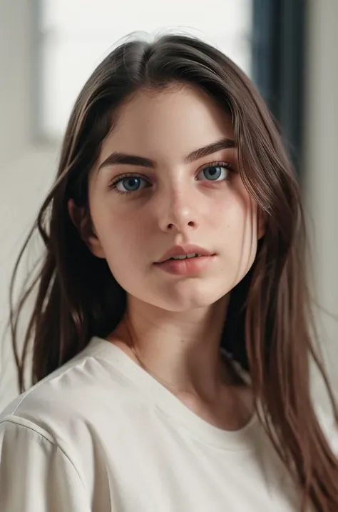 (Maka2), RAW photo, a close up portrait, 25yo, messy_hair, blue_eyes, lips, long_hair, looking_at_viewer, orange_t_shirt, photo_\(medium\), photorealistic, realistic, flirt, solo, (high detailed skin:1.2), 8k uhd, dslr, cinematic lighting, high quality, film grain, Fujifilm XT3,