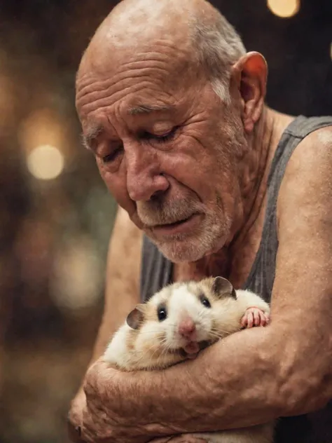 skinny old man hugging a giant hamster, crying, full body, shallow depth of field, vignette, highly detailed, high budget, bokeh, cinemascope, moody, epic, gorgeous, film grain, grainy