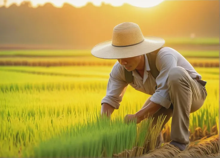 a rice farmer with a rice hat working in a rice paddy, focus farmer, bending over, sunrise and daybreak lighting effects, solo, cowboy shot, terraced rice paddies in the, vibrant colors, high contrast, steam coming off the rice fields, highly detailed, (4k), realistic,