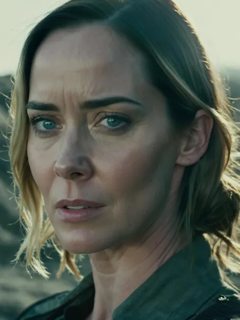 mid shot portrait photo of Emily Blunt, cool cinematic LUT