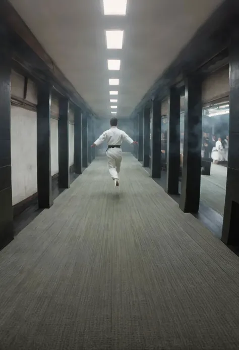 view along the long entry way into fighting hall, long carpet view through dojo into Ring far away, dark smoke in the back of the room, neo From Matrix, 90s Action , White Trainings suit, Jumping, Training, dimmed light, smokey atmosphere, dynamic Scene, dojo, bokeh, very detailed, hd,