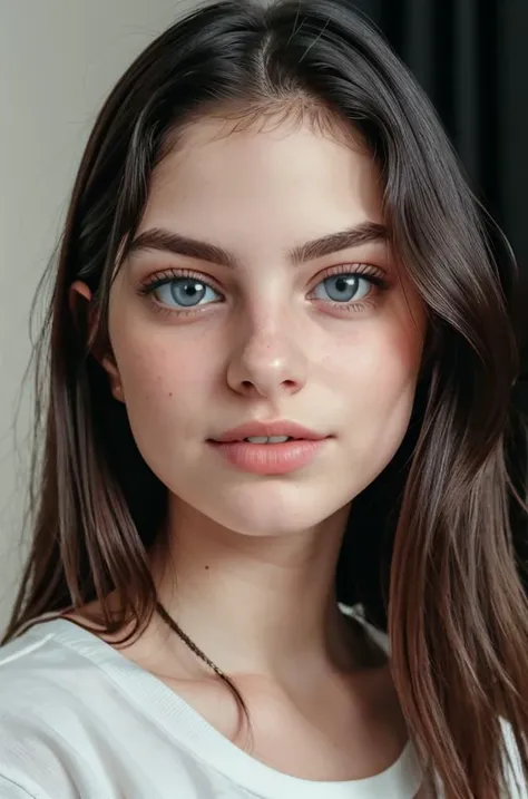 (Maka2), RAW photo, a close up portrait, 25yo, messy_hair, blue_eyes, lips, long_hair, looking_at_viewer, orange_t_shirt, photo_\(medium\), photorealistic, realistic, flirt, solo, (high detailed skin:1.2), 8k uhd, dslr, cinematic lighting, high quality, film grain, Fujifilm XT3,