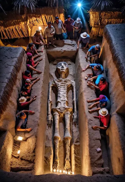 a photo of colossal Nazca mummy with villagers in an ancient village in the jungles of Peru at night, flash photography lighting, isometric, ((detailed), high quality, high res, 8k) high saturation,