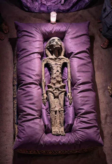 a photo of colossal Nazca mummy displayed on a purple pillow surrounded by shamans inside a dark ancient mayan temple, flash photography lighting, isometric, ((detailed), high quality, high res, 8k) high saturation,
