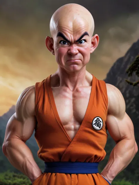 (8k, best quality, masterpiece:1.2), (finely detailed),krillin, 1boy,male focus,muscular male, solo,upper body, (bald), black eyes, orange dougi, looking at viewer,orange pants, blue sash,forehead mark, no nose,no sclera, rocky grassfields,(sleeveless), light smile,patch, blue wristbands,thumb up